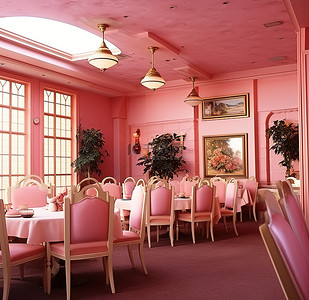 餐厅灯光背景图片_粉红色墙壁和桌子的餐厅