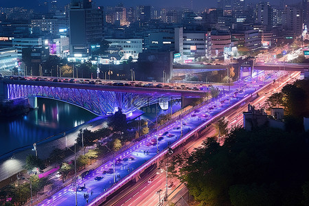 首尔地铁桥在晚上