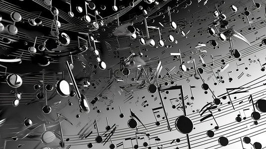 音乐元素背景图片_黑白片背景上音符的卡通风格 3D 插图