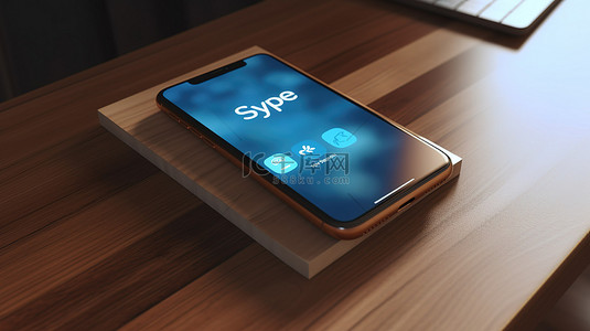 使用 3d 智能手机渲染在木制桌面上显示的 Skype 应用程序徽标