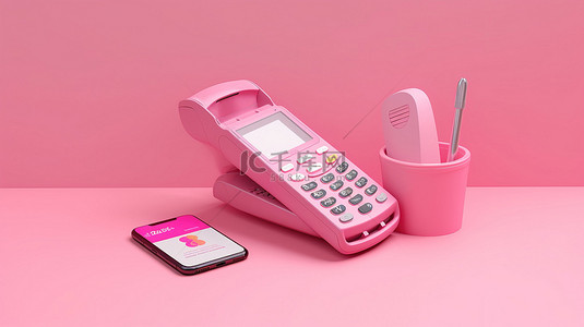 轻松交易粉红色背景，配有信用卡 pos 终端和智能手机，说明无现金社会和在线支付