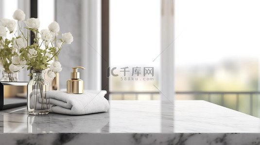 表格背景图片_模糊浴室背景上的模型空间，配有精致的大理石桌面 3D 渲染