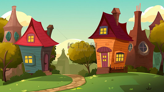 城堡卡通图片背景图片_卡通房子建筑屋子绿色