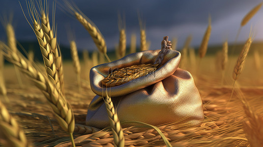 3d 插图一束小麦，袋子里有金色的小穗硬币和证券