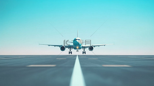 蓝色旅行背景图片_飞机在蓝色背景下从跑道起飞的简约 3D 渲染