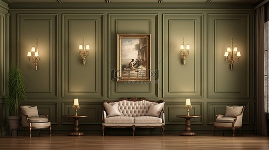 木质墙板和橄榄色调营造出永恒的室内陈列柜，壁灯和框架增添魅力 3D 渲染