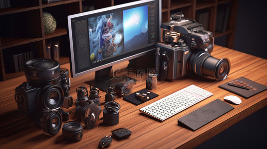 组合创意背景图片_为带有投资组合计算机的数字摄影师提供 3D 渲染桌面设置