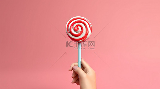 糖果派对背景图片_白色背景下卡通手握着的红色别针上的糖果棒棒糖的 3D 插图