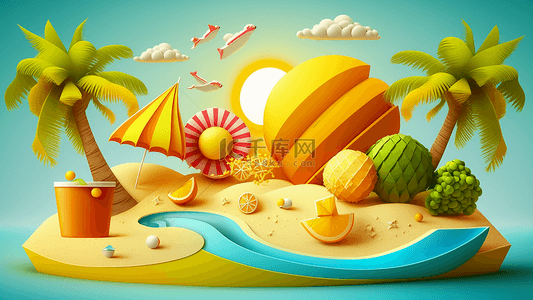 海简笔画背景图片_夏季沙滩椰树云朵