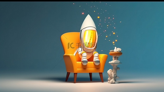 卡通人物坐在椅子上发射火箭，开始创新和创业 3D 插图