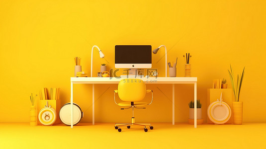 带椅子桌子和设备的工作站的黄色主题 3D 渲染