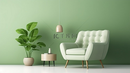 3D 渲染的模拟海报装饰在绿色客厅墙壁上，配有舒适的织物扶手椅别致的咖啡桌和优雅的花瓶