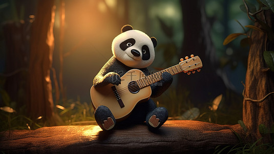 熊猫摇滚明星 3d 渲染音乐家熊猫在竹林的树干上弹奏吉他
