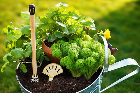 桶里的绿色菜园，配有一些园艺工具