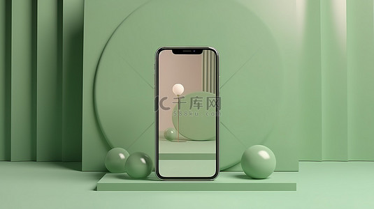 网店设计背景图片_设置在浅绿色房间床上的手机模型的 3D 渲染，用于动态广告