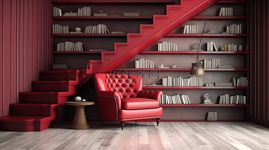 落地书架背景图片_楼梯下 3D 渲染图书馆中的英式红色扶手椅