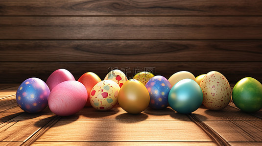 复活节 3D 渲染木制背景上彩色鸡蛋的插图