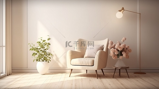 家庭背景图片_舒适家居室内 3D 插图中的花朵装饰扶手椅