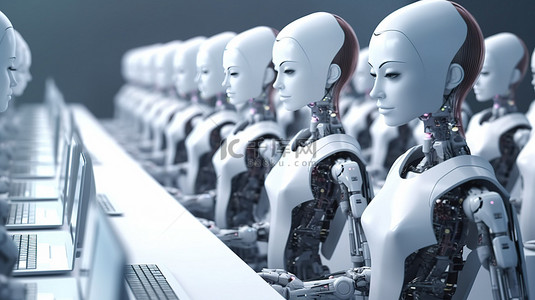游记任务背景图片_未来派办公室工作人员 3D 渲染的一群从事自动化任务的女性机器人和机器人