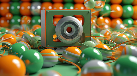 橙色背景上一系列磁带和彩色球中绿色盒式磁带播放器的充满活力的 3D 渲染