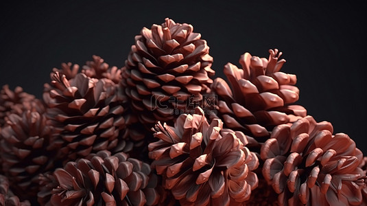 设计雪松背景图片_深棕色色调的秋季松果 3d 渲染插图或卡通风格
