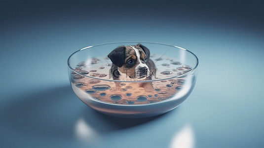 狗狗狗插画背景图片_犬悬浮 一只狗悬挂在其食物碗上方的 3D 插图