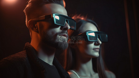 3d看电影背景图片_现代年轻夫妇在电影院观看 3D 电影，戴着立体眼镜的前视图肖像，具有充足的复制空间