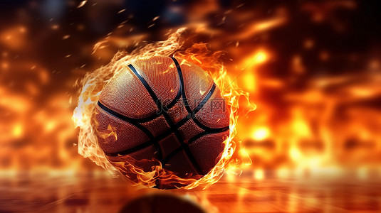 红色火焰背景图片_3D 球场上的炽热篮球