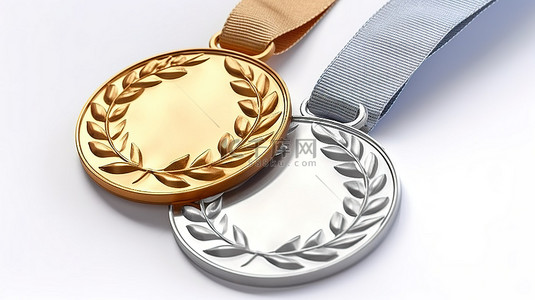 奖章第一名背景图片_白色背景的 3D 渲染，带有装饰着月桂花环的金银奖牌