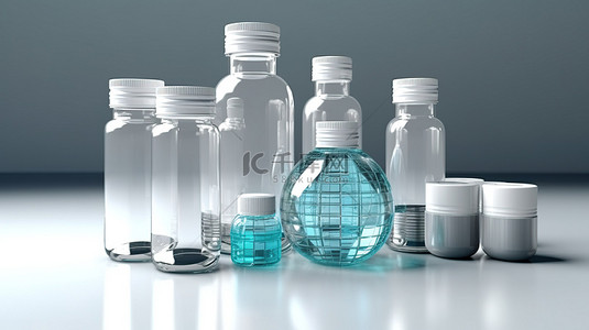 白色塑料药瓶和一杯水的 3D 渲染，用于完整的处方设置