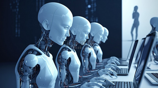 未来自动化团队女性机器人和机器人在台式电脑上工作