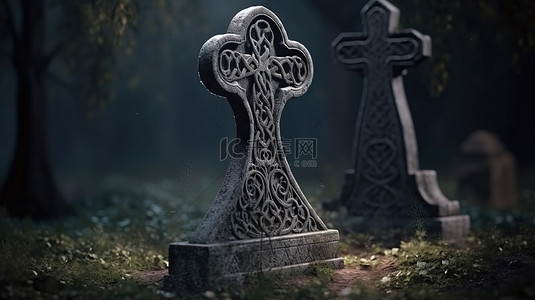 卡通墓碑背景图片_1 万圣节主题 3D 渲染带有装饰性十字装饰品的怪异墓碑