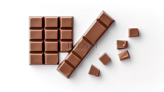 从顶视图在白色背景上隔离的牛奶巧克力片和巧克力棒的 3D 插图