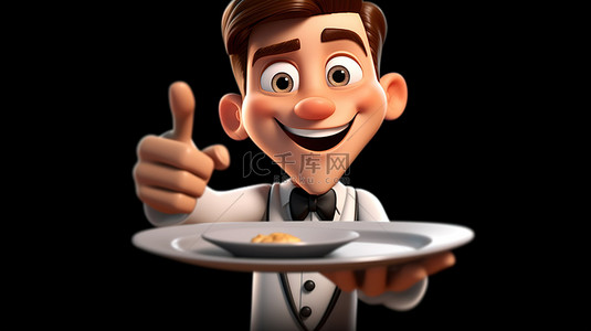 美食餐厅卡通背景图片_3d 插图卡通服务员端着托盘的手
