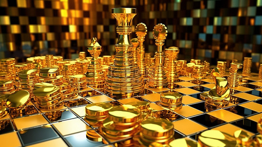 3D 渲染的金色国际象棋和硬币的抽象图像，用于商业内容