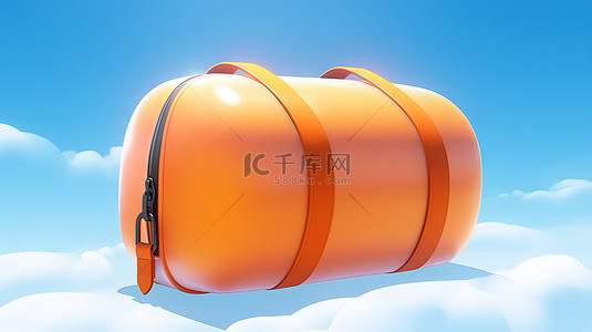 蓝天背景下的 3D 渲染橙色旅行包