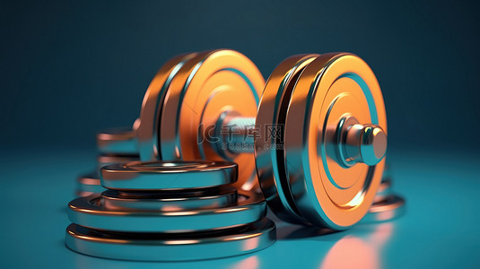 橙色金属背景图片_蓝色背景运动和健身器材橙色金属哑铃带磁盘的 3D 插图