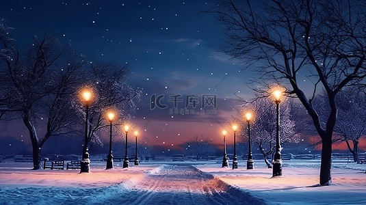 数字渲染的冬季景观与路灯夜空和雪地背景