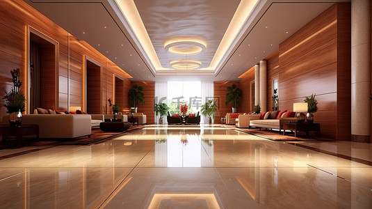 豪华酒店大堂入口设有 3D 呈现的华丽休息区