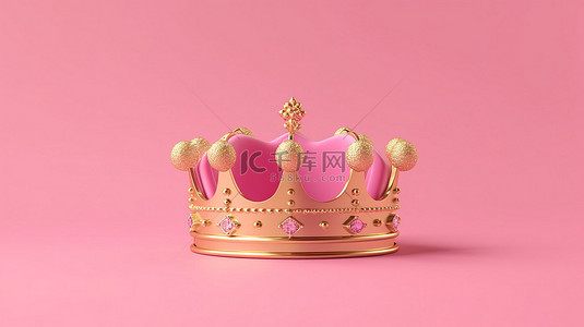 粉红色背景上金色胜利的豪华王子皇冠的 3D 渲染