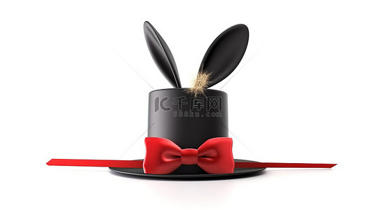 带兔耳和魔杖的高顶帽子魔术师 3D 渲染在白色背景上