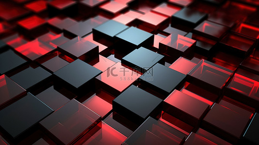 令人惊叹的 3D 渲染抽象插图，带有纹理的红色和黑色方形背景