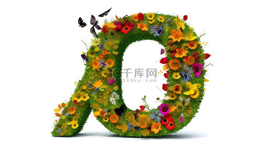 绿草地鲜花背景图片_花和草 3D 插图在白色背景上创建字母 q