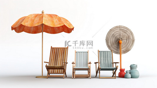 白色背景，带有海滩物品木板伞椅和救生圈的 3D 渲染