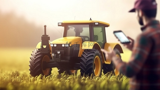 手麦田背景图片_智能农业 3D 农民使用移动自主拖拉机进行高效农业的插图
