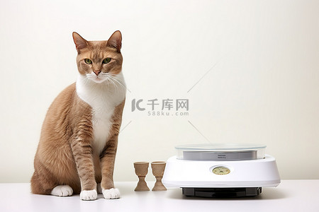 一只猫从秤旁边的食物碗里喝水