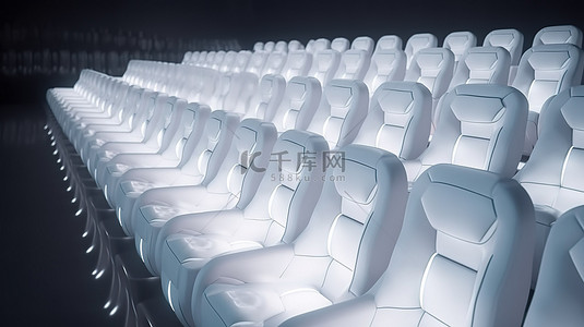 电影院中一排相同的白色卡通软椅的令人惊叹的 3D 渲染，描绘了霓虹灯影院体验的概念