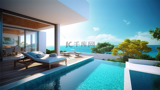 豪华泳池别墅的精美 3D 视觉效果，可欣赏令人惊叹的海景