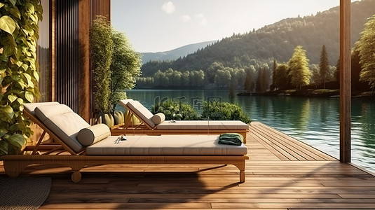 木制牌牌背景图片_令人惊叹的 3D 渲染插图，展示了一个木制户外露台，配有现代室内设计日光躺椅和令人惊叹的湖景