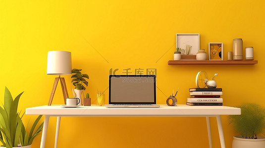 家庭办公室工作站上的空笔记本电脑显示器和各种配件，带有黄墙 3D 渲染